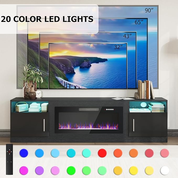 PRETZI Fireplace TV Stand with 36" Fireplace Up to 90" TVs, Remote Control