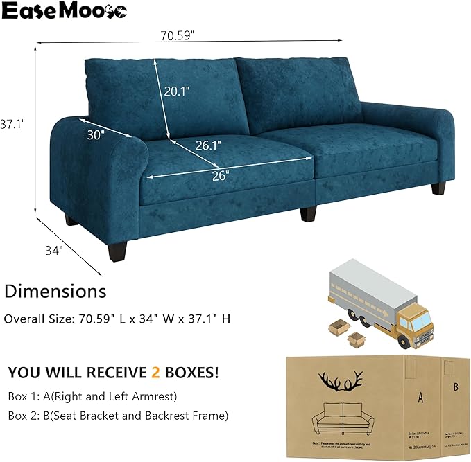 EASE MOOSE 70.6" Velvet Loveseat Sofa, Soft Deep Seat Couches