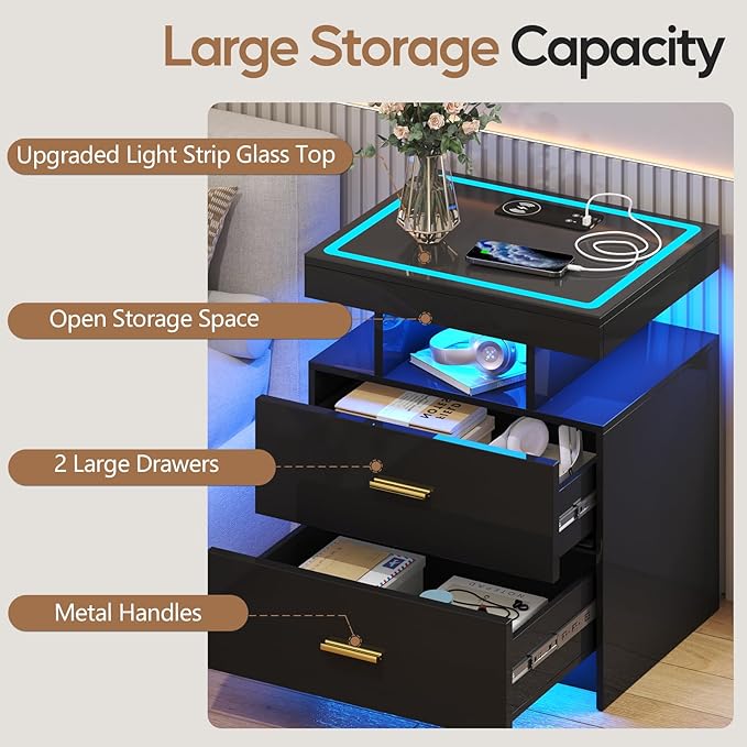 LED Nightstand with Wireless Charging Station, Glass Top Smart Bedside Table
