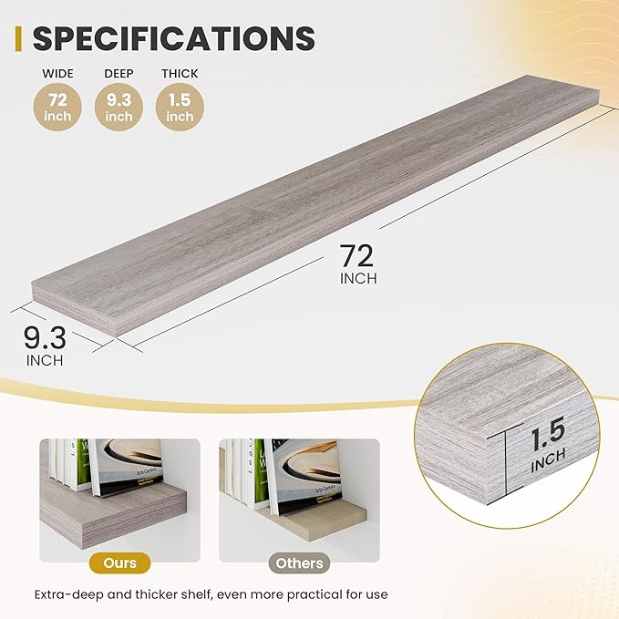 Acovy 72 Inch Floating Shelves, 9.3" Deep Floating Shelf Wall Mounted, Rustic