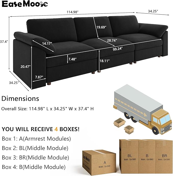 EASE MOOSE Sectional Modular Sofa, Comfty 3 Seat Cloud Couch, FSC Certified