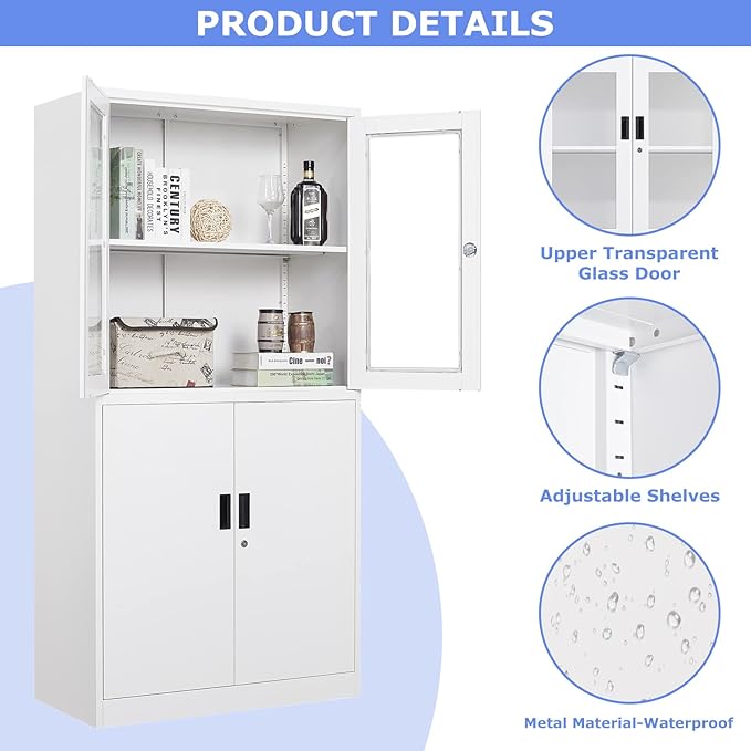 4 Door Display Cabinet with Adjustable Shelves, Locking Steel Storage Caninet