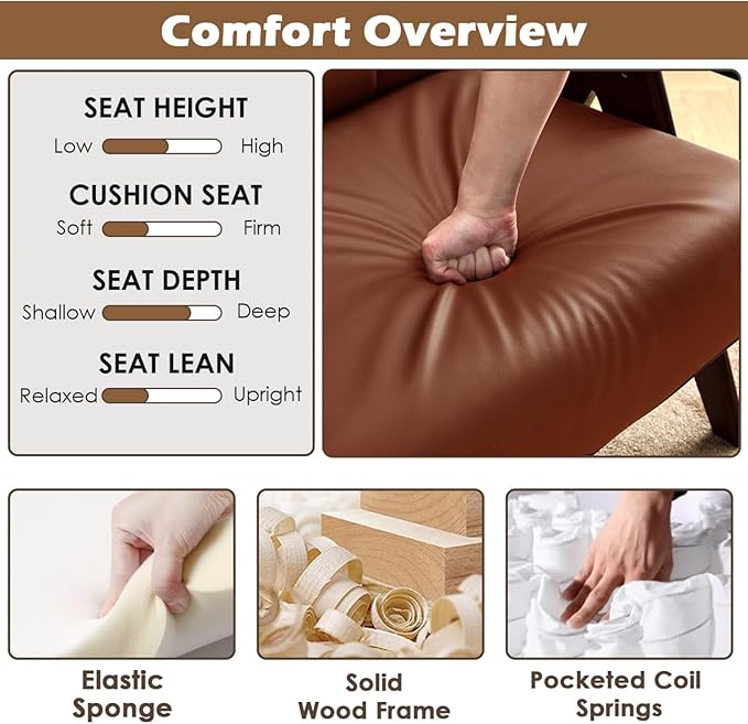 STHOUYN Brown Leather Accent Chairs Set of 2, Mid Century Modern Chair Set of 2