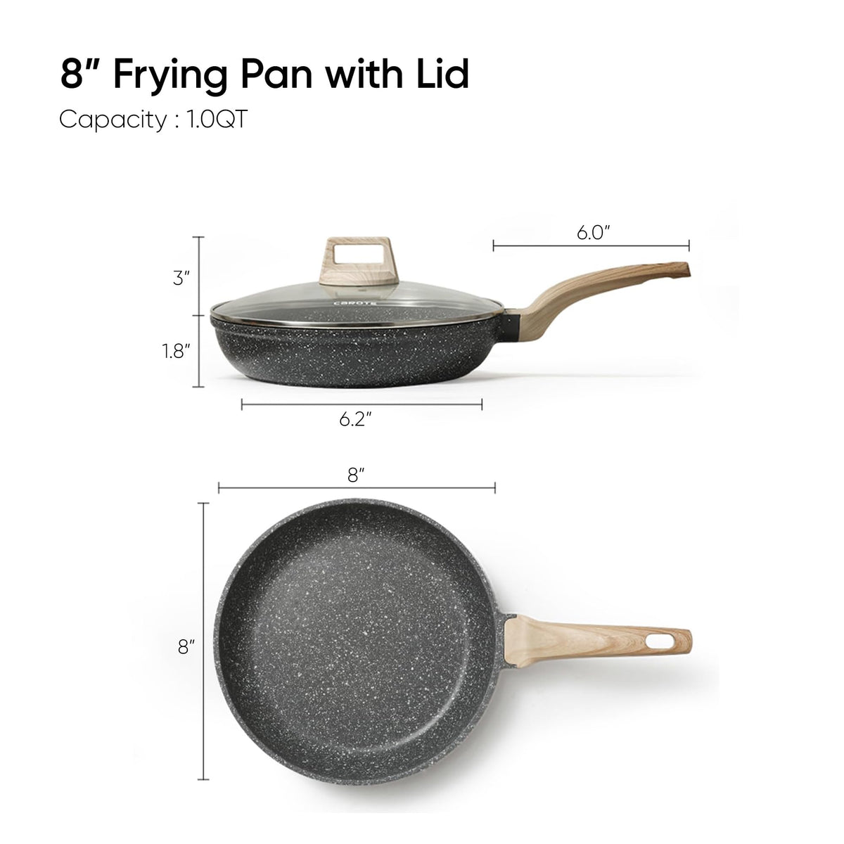 CAROTE Non Stick Frying Pan Skillet, 8" Nonstick Fry Pan with Glass Lid, Egg Pan Omelet Pans, Granite Cookware, PFOA Free (Classic Granite, 8-Inch)