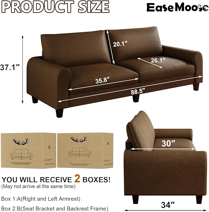 EASE MOOSE 88.5" Large Seat Faux Leather Loveseat Sofa, Waterproof and