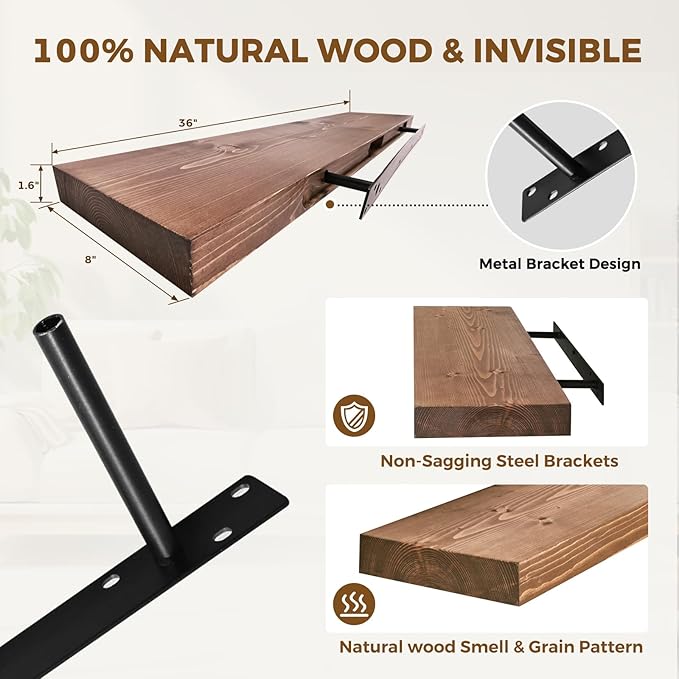 36x8x1.6 inch Floating Shelves Set of 2 – Solid Wood Rustic Brown Wall Mounted