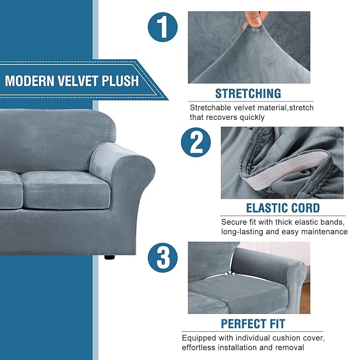 H.VERSAILTEX Modern Velvet Plush 4 Piece High Stretch Sofa Slipcover Sofa Cover