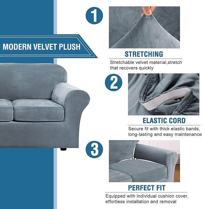 H.VERSAILTEX Real Velvet Plush 3 Piece Stretch Sofa Covers Couch Covers