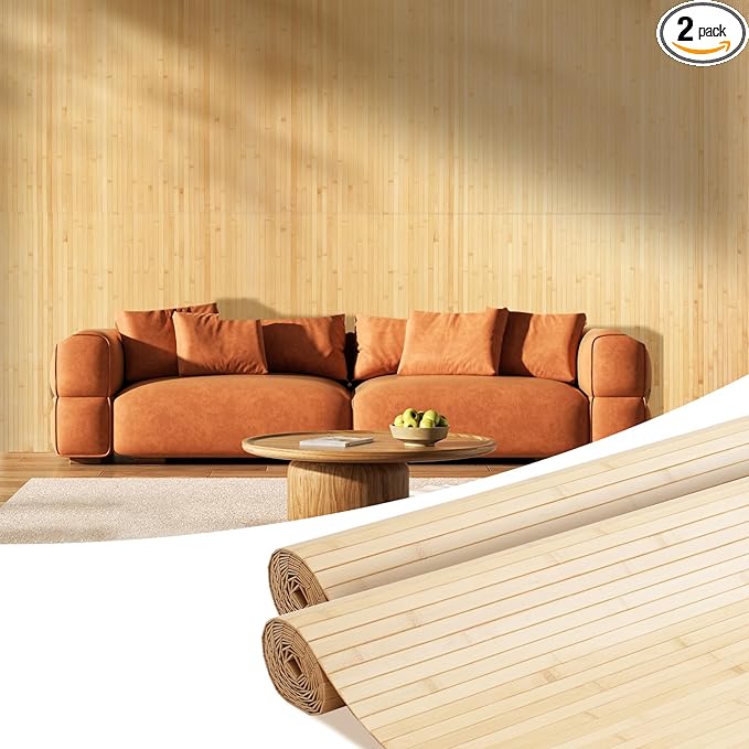 OUZUGIE 2 Pack 96x48 Inch Natural Bamboo Wall Panel – Carbonized Pole Wrap