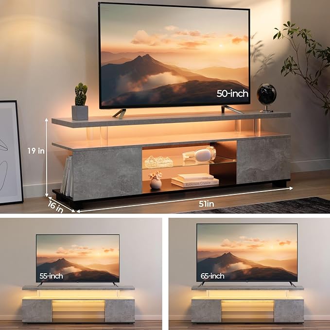Cubehom Grey TV Stand, LED TV Stand Modern Entertainment Center