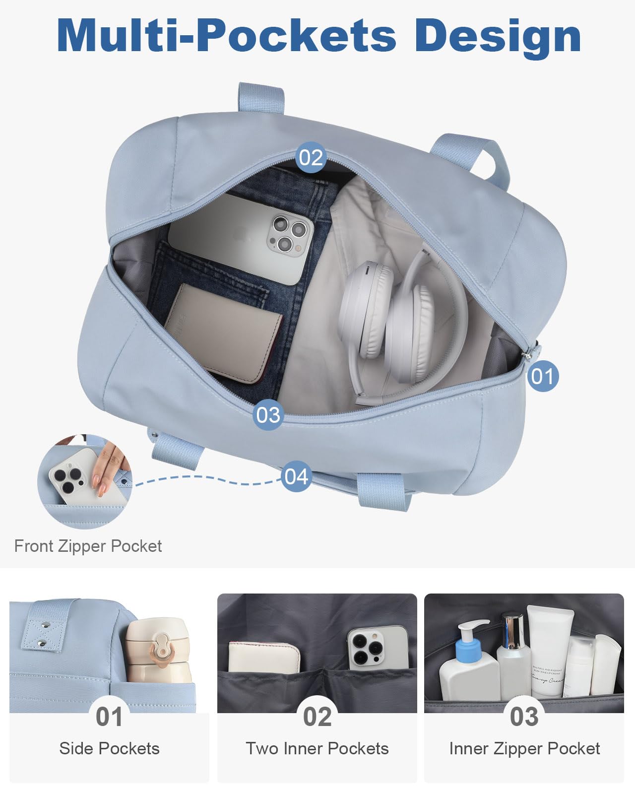 Pritent Travel Duffle Bag, Waterproof Weekender Overnight Hospital Bags for Women Men with Toiletry Bag Lightweight Personal Item Duffle Gym Bag for Travel, Airplanes, Sports(Blue, Medium)