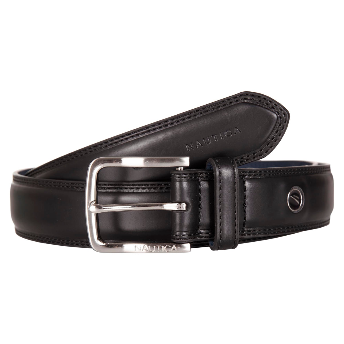 Nautica Men Bold Fashion and Dress Leather Belt with Metal Buckle, Logo Inlay Double Stitch-Black, 36"