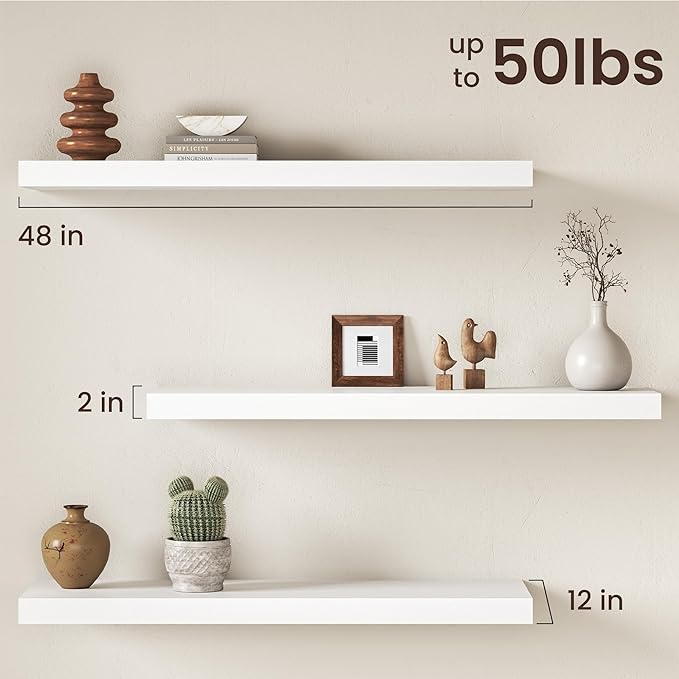 White Floating Shelves 48Inch Long, 12 Inch Deep Floating Shelves