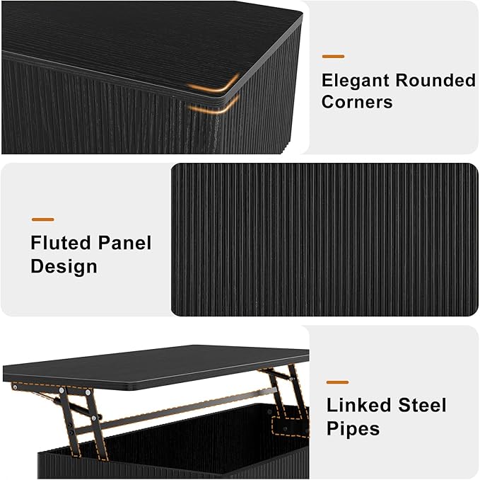 FABATO Mid Century Modern Coffee Table, Wooden Fluted Center Table