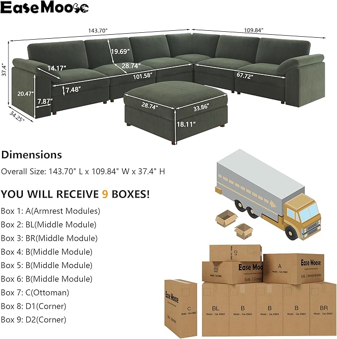 EASE MOOSE Oversized Sectional Modular Sofa, Large U Shape Sectional Couch Wide