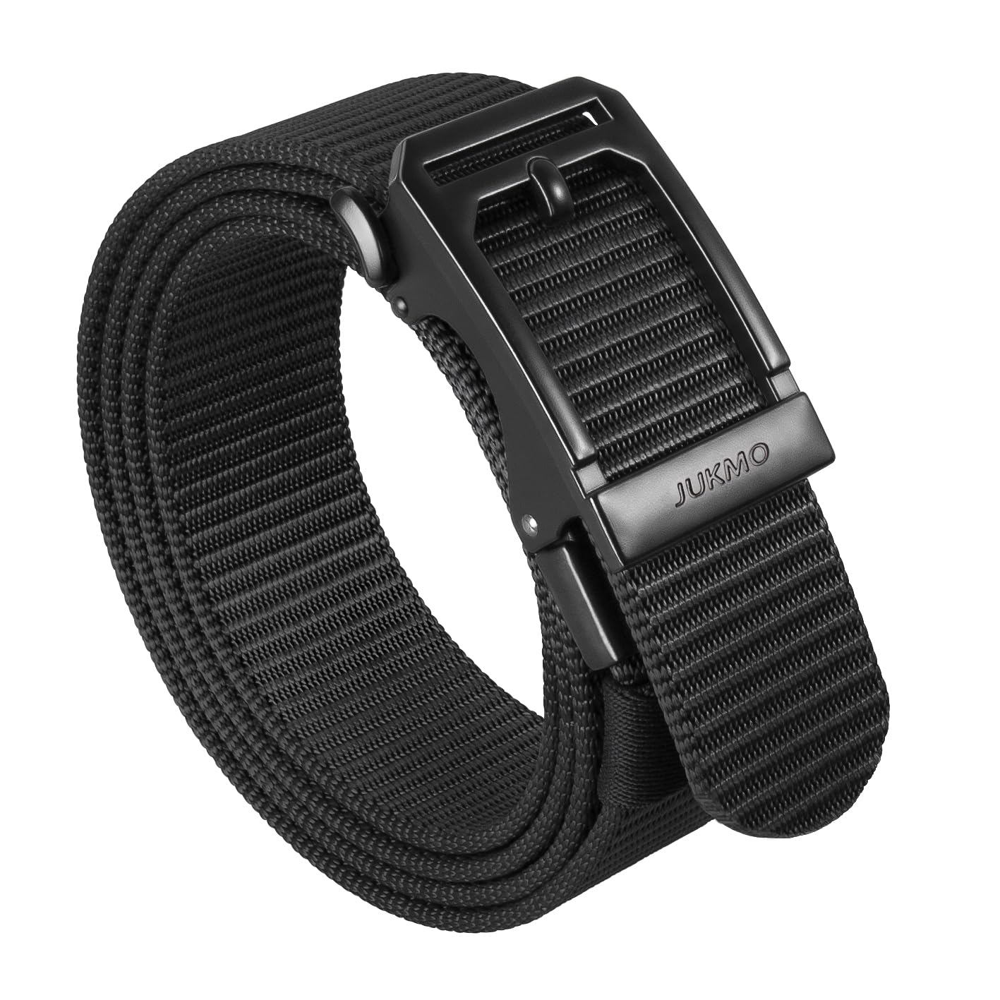 JUKMO Men's Ratchet Tactical Belt, 1.5" Nylon Web Work Belt with Automatic Slide Buckle, Adjustable Trim to Fit (Black, Large)