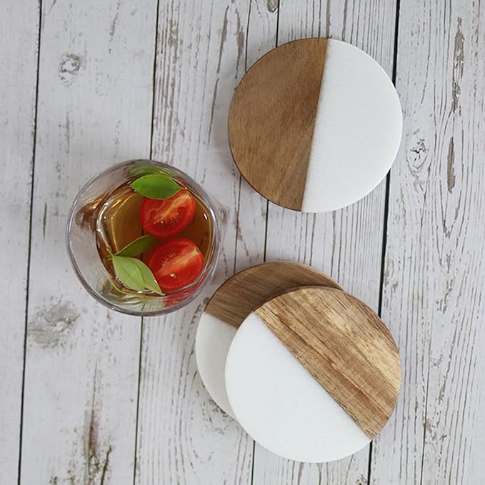 I-LAN 4-Pack Marble and Acacia Wood Coasters, 4-Inch Round Natural Wood Drink