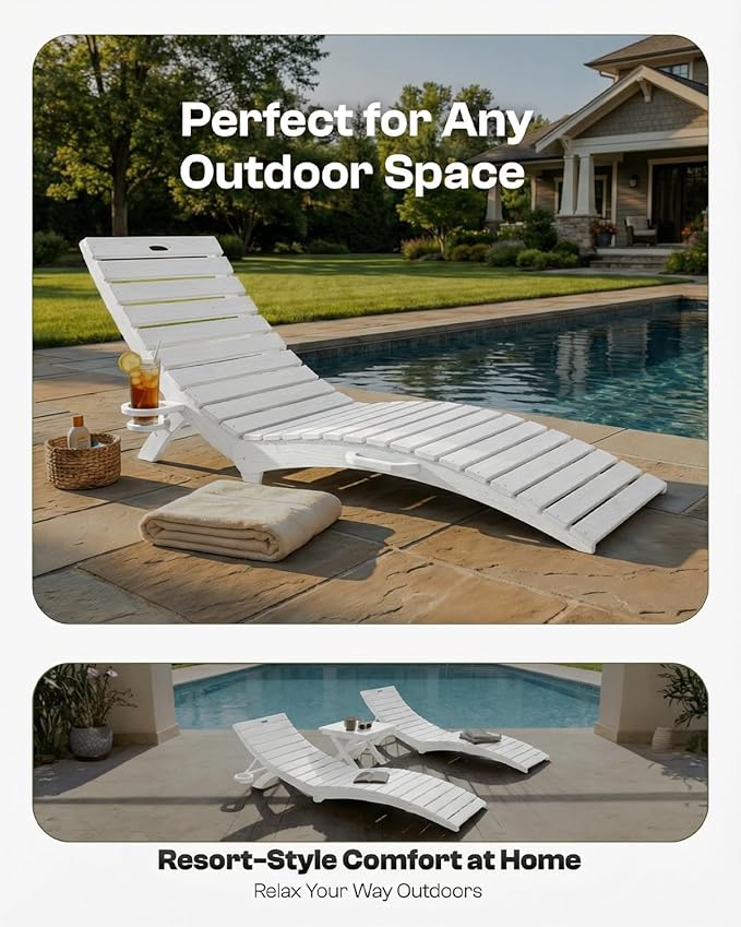Folding HDPE Pool Lounge Chairs Set of 4, Pre-Assembled Outdoor Chaise Lounge