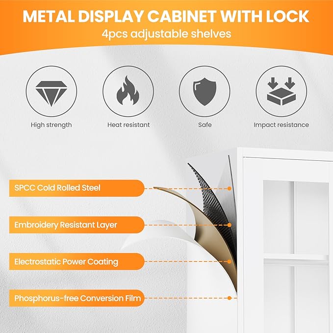 Locking Display Cabinet with Glass Door, 71”H Metal Curio Cabinets with