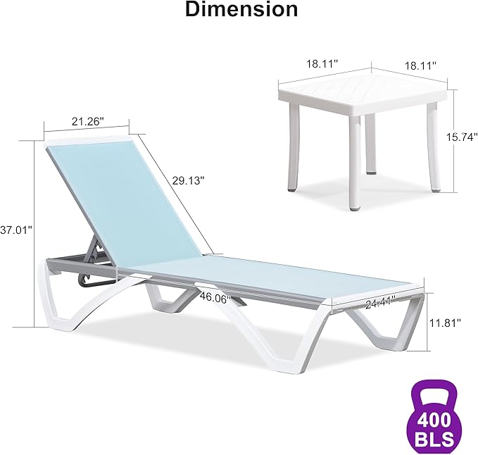 PURPLE LEAF Patio Chaise Lounge Chair Set of 3 Outside Aluminum Plastic