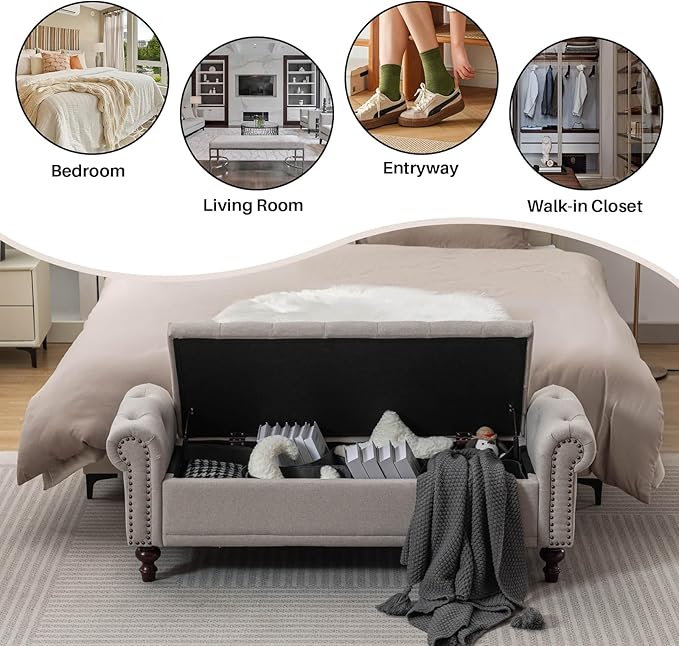 SOFTHION 58.1" Storage Bench Upholstered Linen End of Bedroom Bed Bench Ottoman