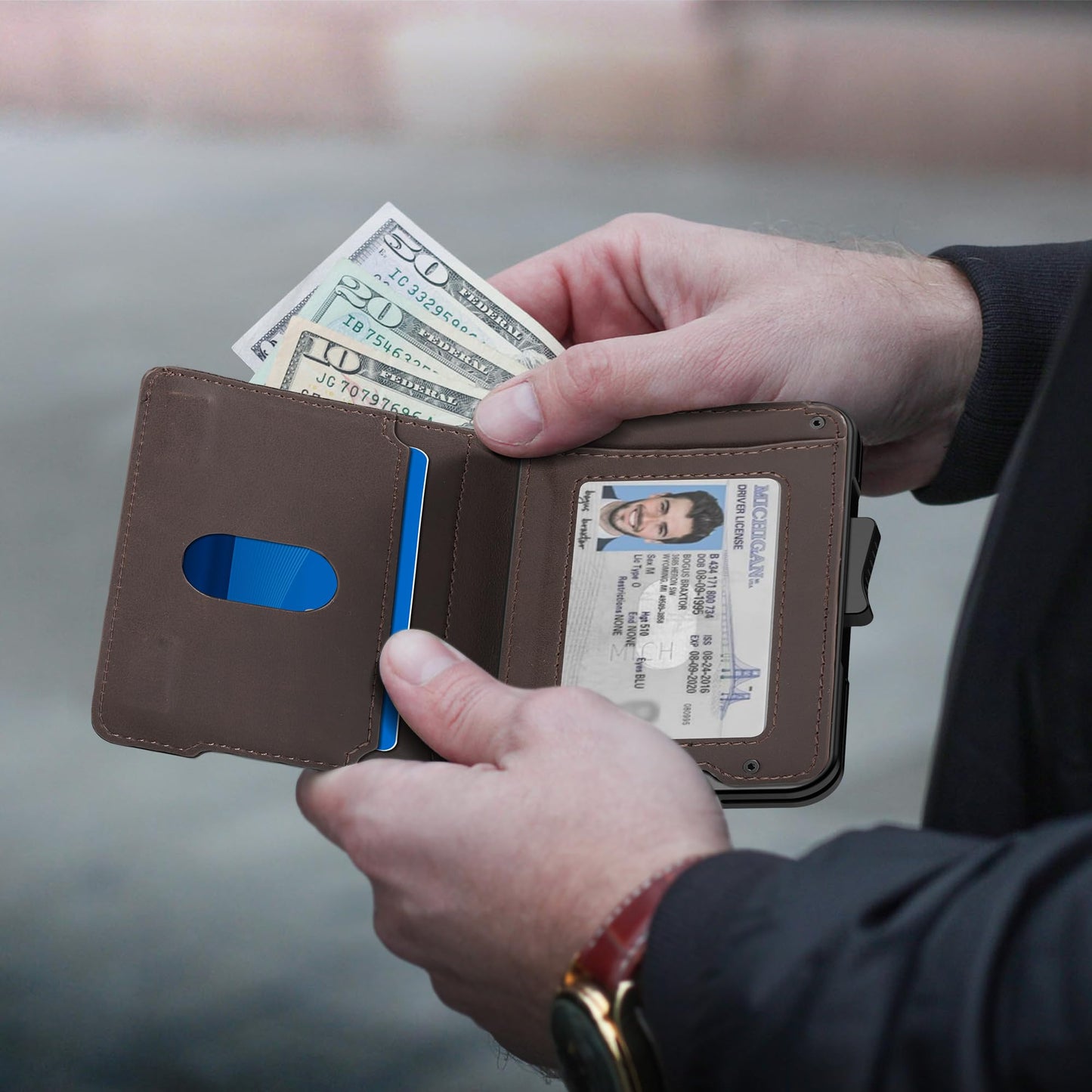 Kunlgro Wallet for Men - Pop Up Case, Cash Slot, and Credit Card Wallet - Slim Minimalist Aluminum Front Pocket Wallet with RFID Blocking/ID Window (Genuine Leather Dark Coffee)