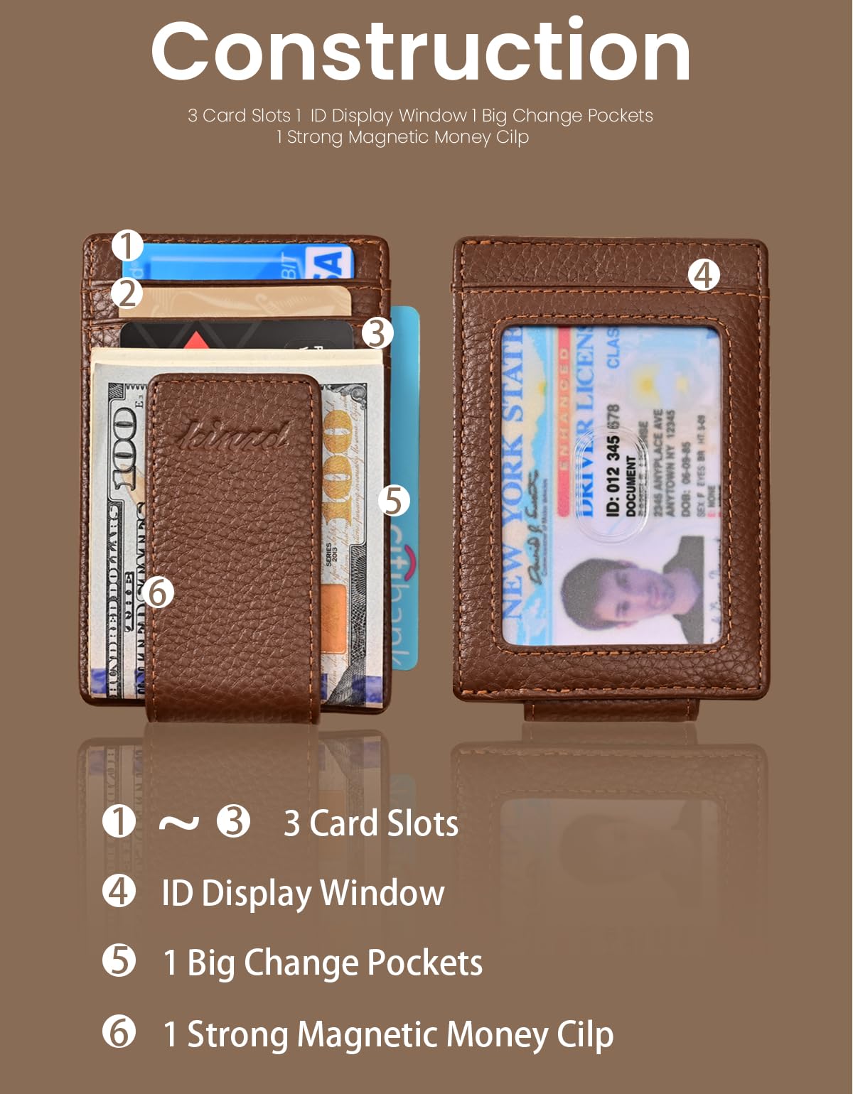 kinzd Money Clip, Front Pocket Wallet, Genuine Leather RFID Blocking Strong Magnet Minimalist Thin Wallet For Mens Brown Clip Wallet Credit Card Holder
