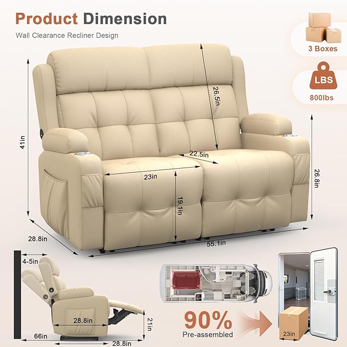Home Theater Seating Loveseat Recliner Sofa, Wall-Hugger Reclining Couch