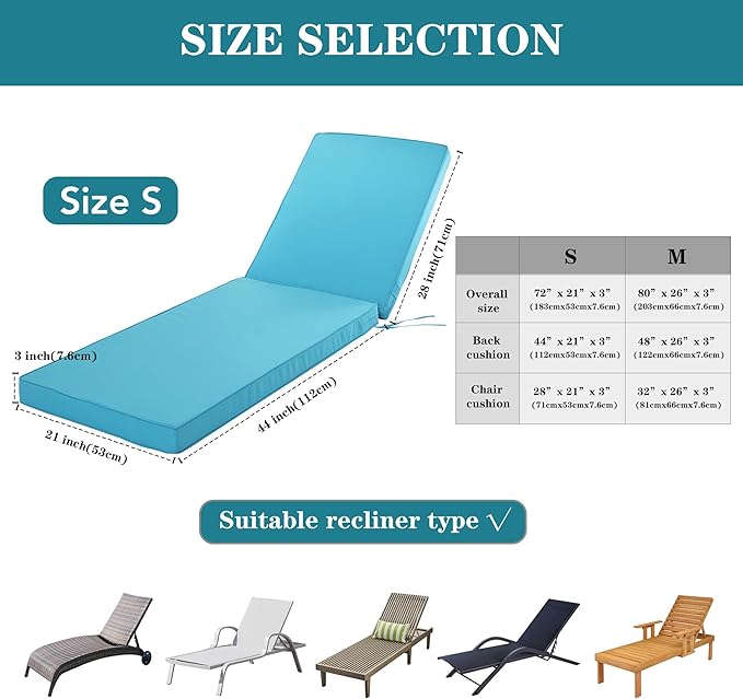 Chaise Lounge Cushion for Outdoor Furniture, Waterproof Fade and Tear Resistant