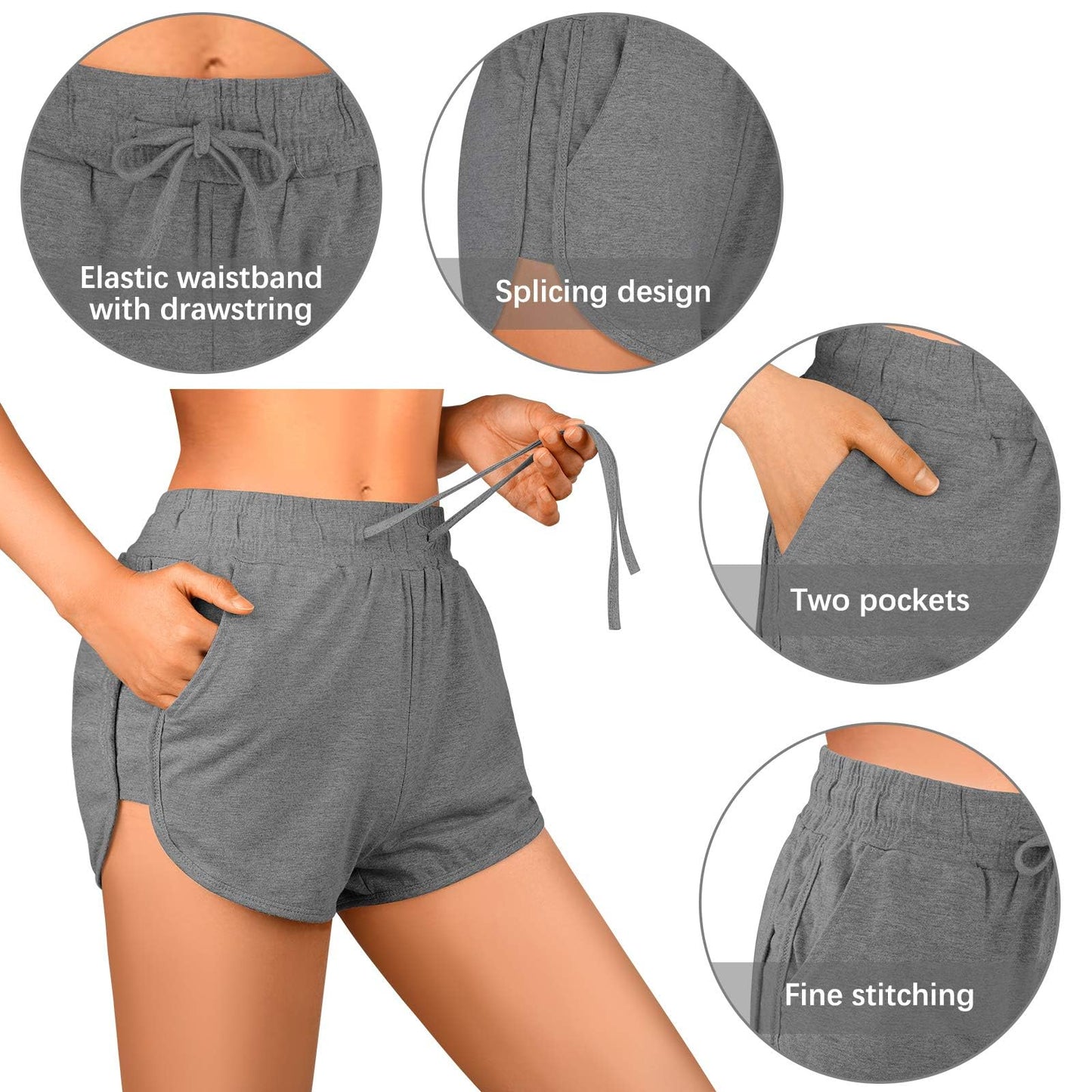 URATOT 2 Pack Cotton Yoga Short Women Summer Running Gym Sports Waistband Shorts with Pockets Black,Dark Grey