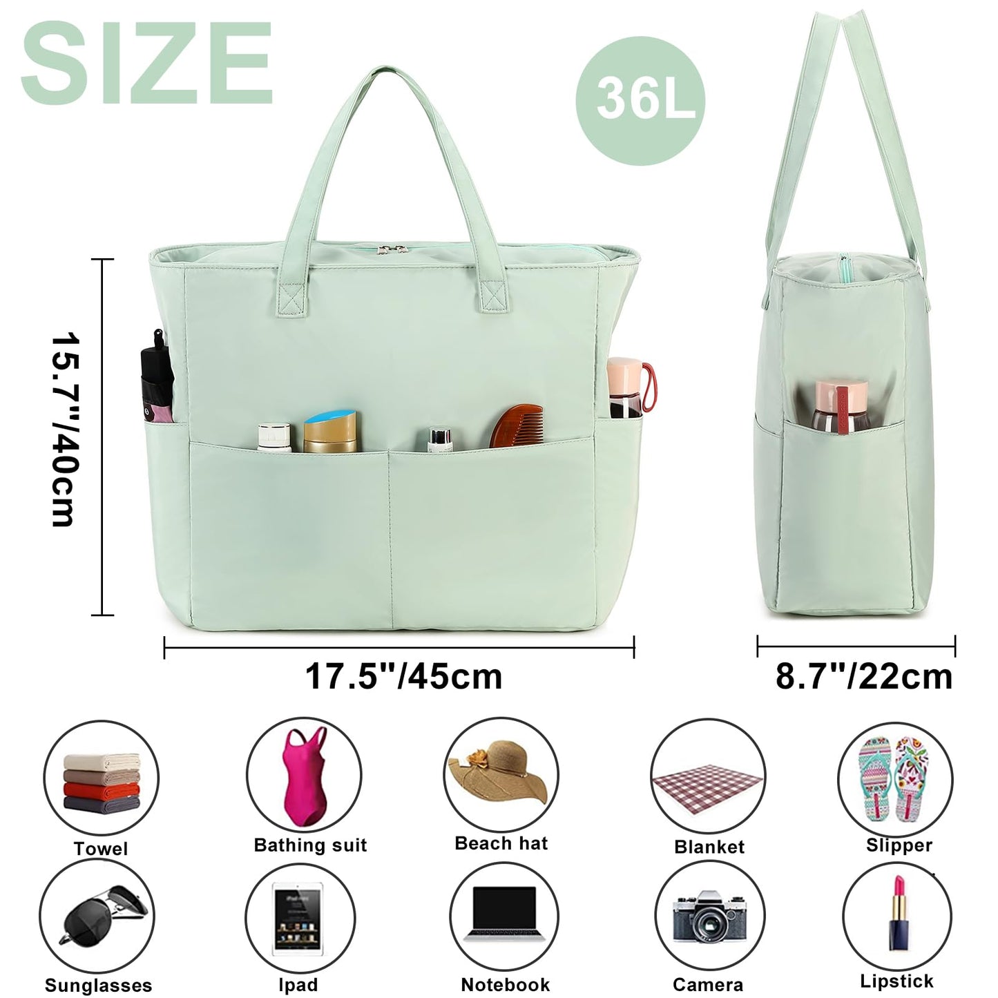 Waterproof Beach Tote Pool Bags for Women Ladies Extra Large Gym Tote Carry On Bag With Wet Compartment for Weekender Travel (Light green)