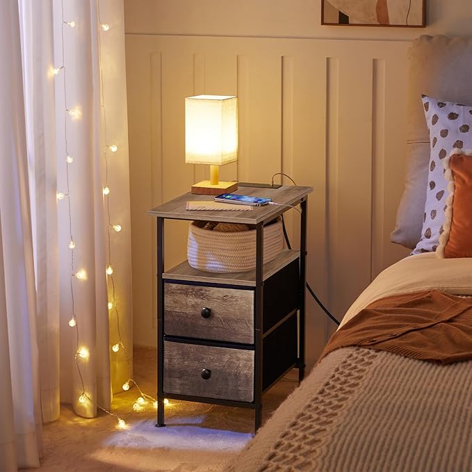 HOOBRO End Table with Charging Station, Narrow Side Table, Nightstand with 2