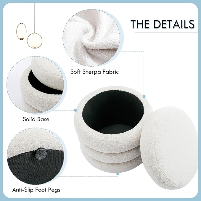 Flouki 19.5" Storage Ottoman Round, Vanity Stools