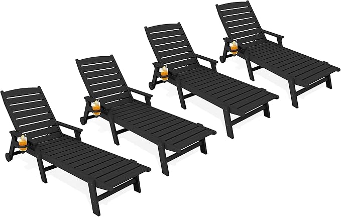 KINGYES HDPE Lounge Chair Outdoor Set of 4, Patio Chaise Lounge Recliner