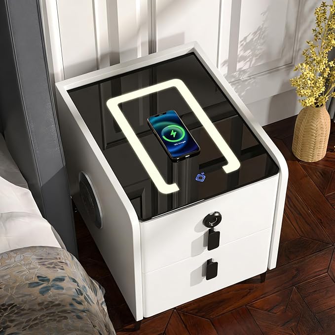 Smart Nightstand with 2 Drawers, with Fingerprint Lock Drawer, Nightstand with