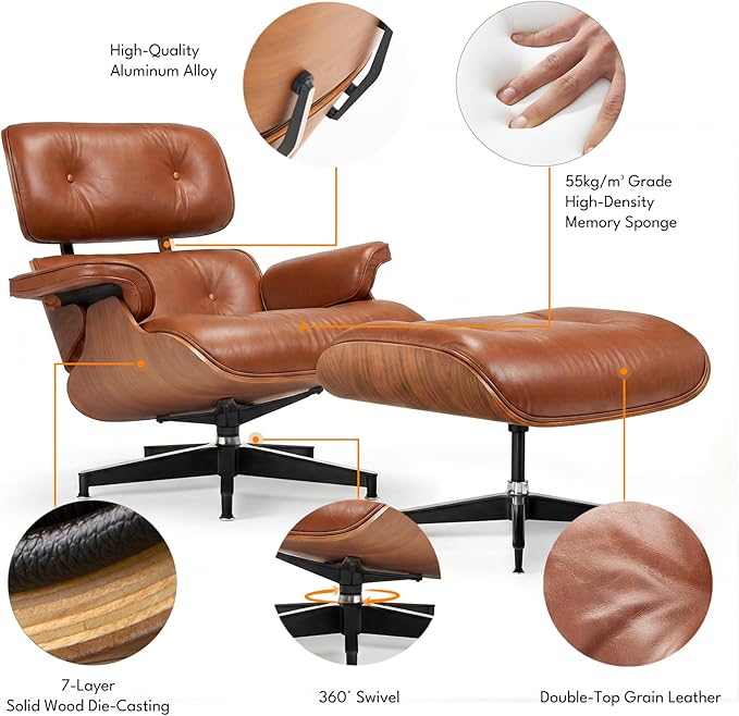 Top Grain Leather, Mid Century Chaise Lounge Chair and Ottoman, Reading Chair