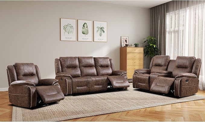 EBELLO Faux Leather Manual Recliner Sofa Set, 1 Seat Reclining Chair, a Loveseat