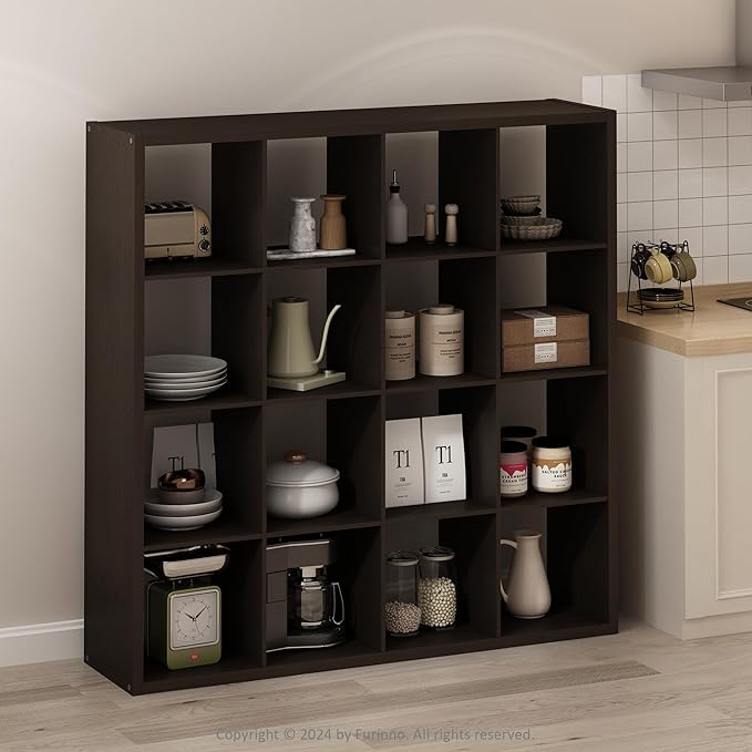Furinno Simple Cube Storage Organizer, 16-Cube Display Shelf, Open Back