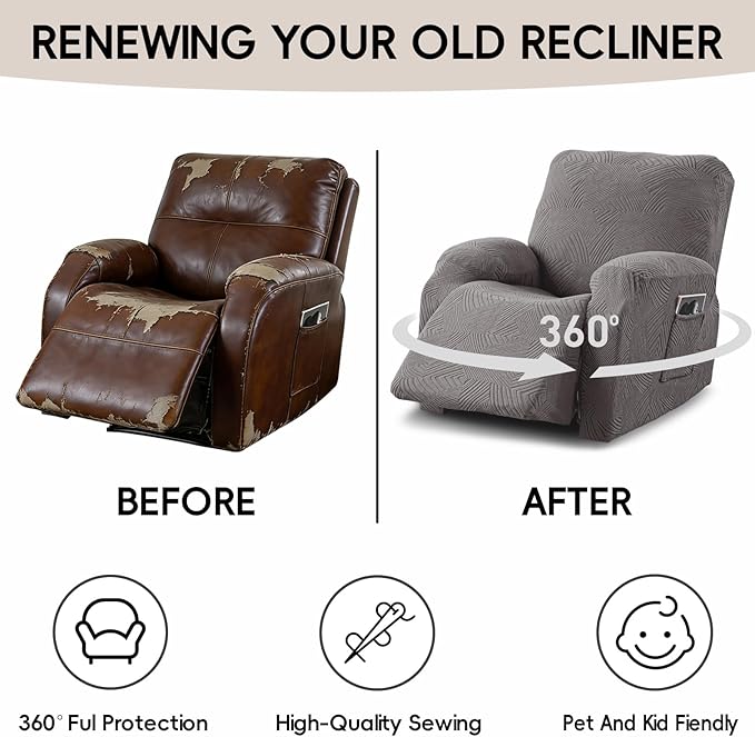 Oversized Recliner Chair Covers, 4-Piece Stretch Geometric Strokes Jacquard
