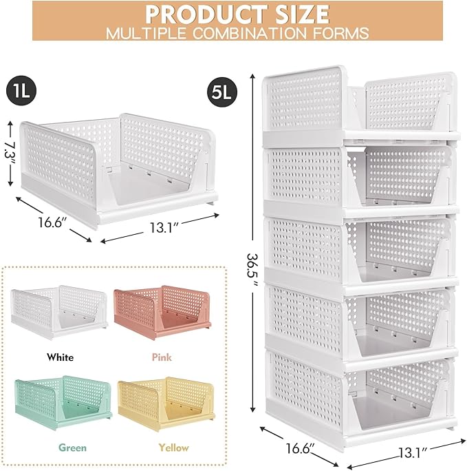 5 Pack Stackable Closet Storage Basket
