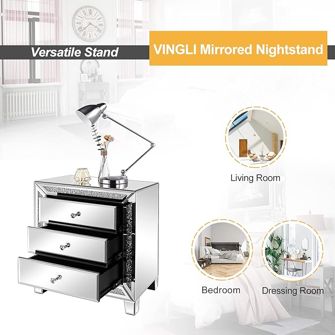 VINGLI Mirrored Nightstand Glass End Table, Mirrored Bedside Table