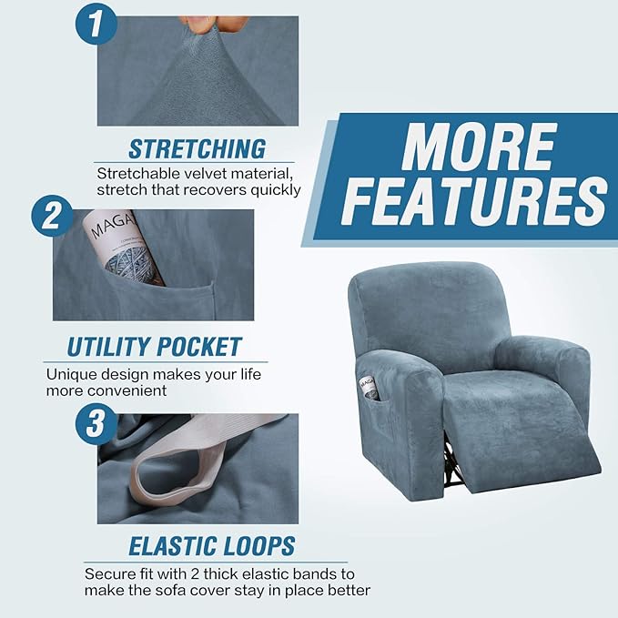 H.VERSAILTEX Velvet Stretch Recliner Couch Covers 4-Pieces Style Recliner Chair