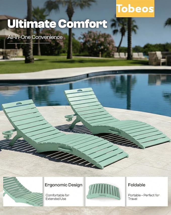 Folding HDPE Pool Lounge Chairs Set of 2, Pre-Assembled Outdoor Chaise Lounge