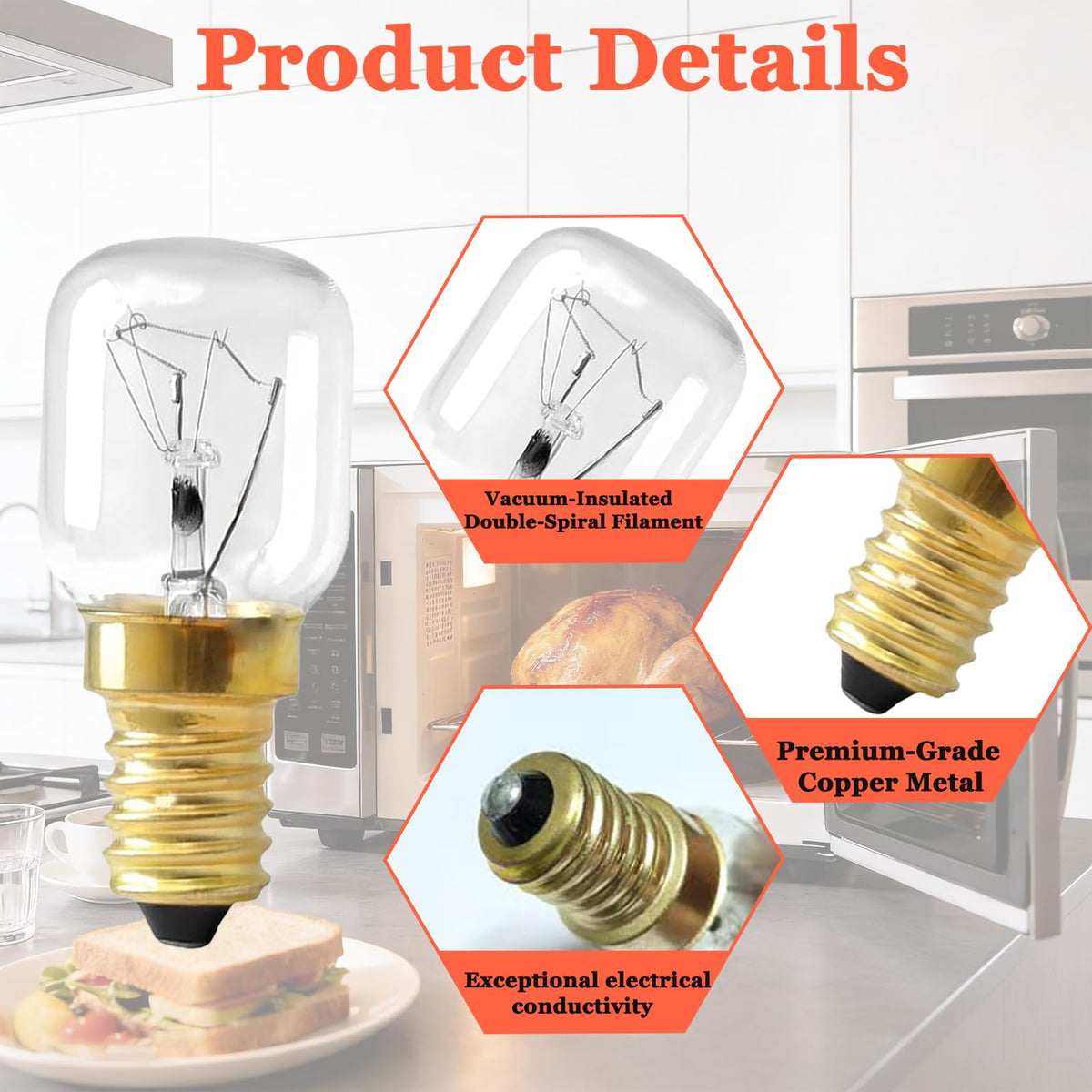 4 PCS WPW10412711 Microwave Oven Bulbs, E14 25W 2700K 110V~130V Microwave Bulbs, Suitable for Whirlpool, Maytag, Amana, IKEA AP6021092 PS11754413 EAP11754413 High-Temperature Resistant Bulb 300°C
