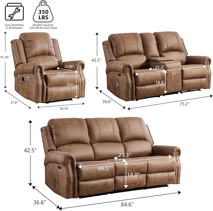 EBELLO Faux Leather Power Recliner Sofa Furniture Set, Included Electric