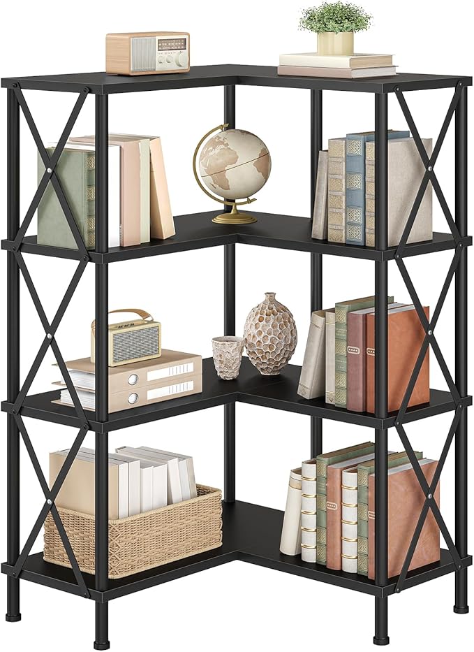 HOOBRO Corner Bookshelf, 4-Tier L-Shaped Bookcase, Industrial Open Display