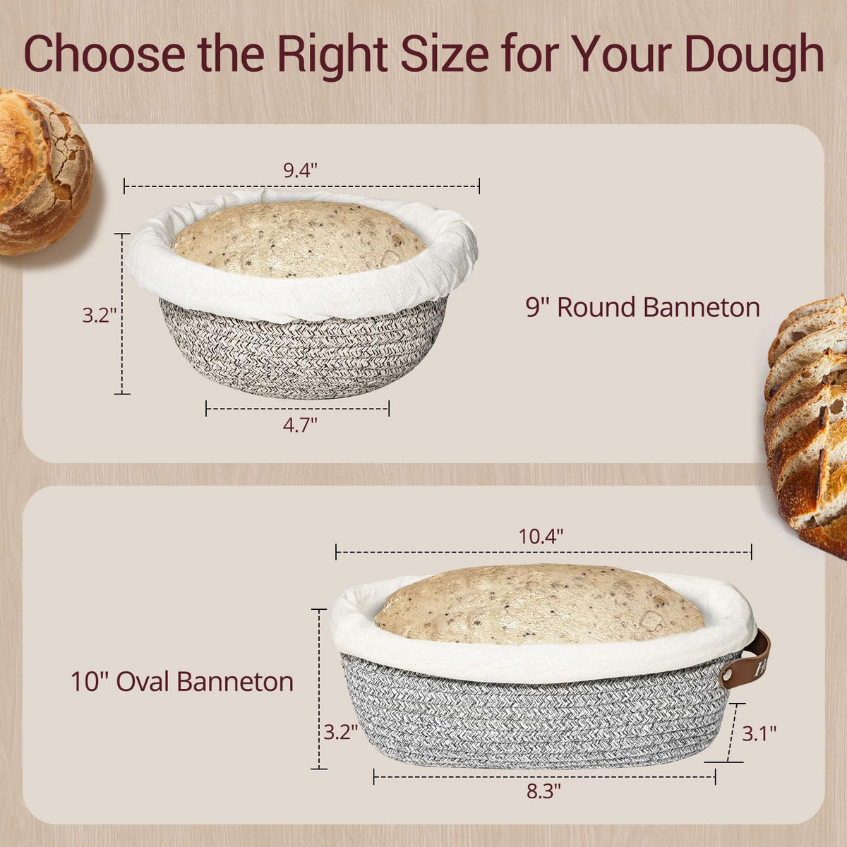 Sourdough Proofing Basket - Banneton Bread Proofing Basket, 9" Round & 10" Oval Cotton Rope Banneton Basket Set with Liners & Covers for Bread Baking