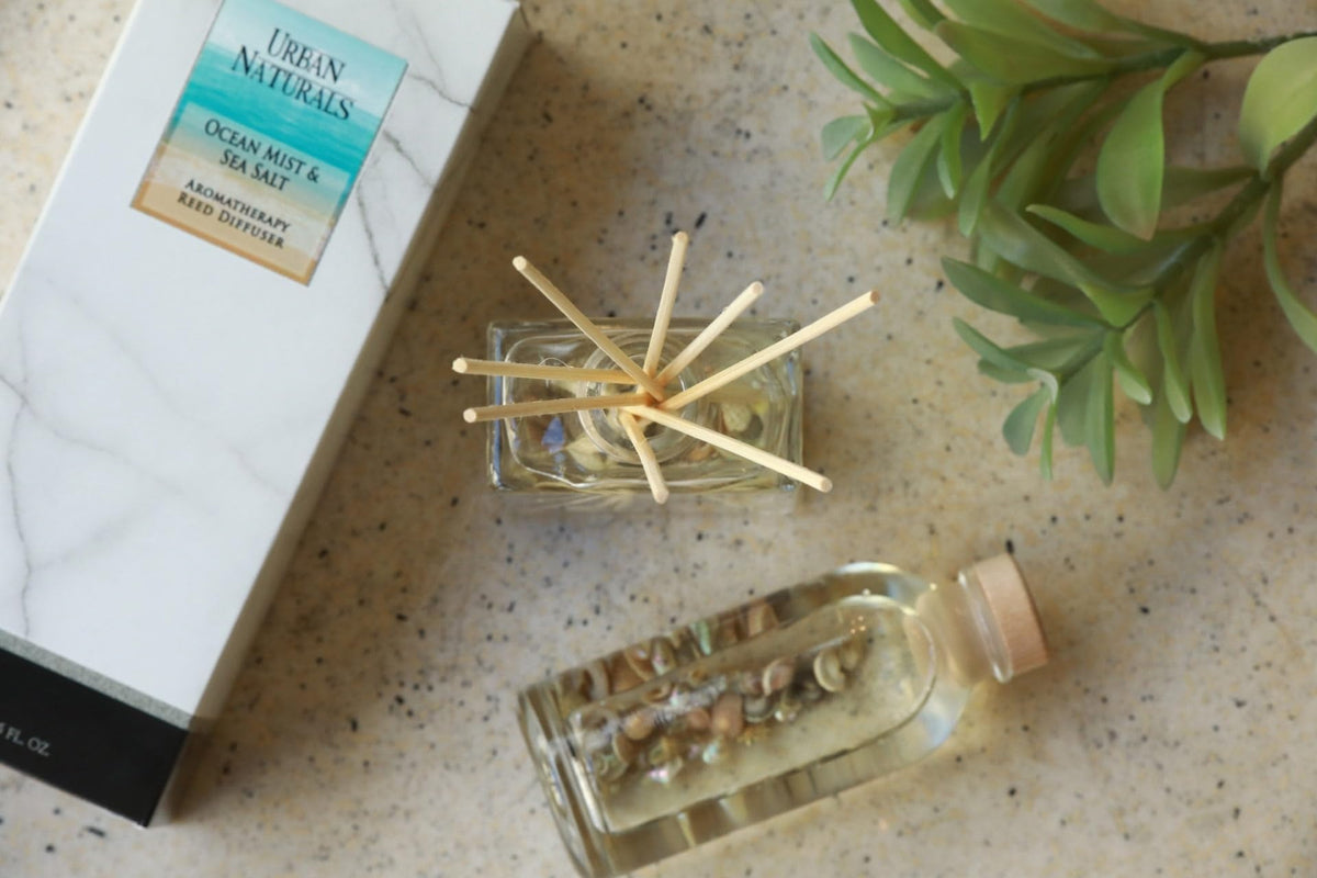 Urban Naturals Ocean Mist & Sea Salt Reed Diffuser Set | Made with Essential Oils & Real Seashells | Decorative Air Freshener Room Diffuser