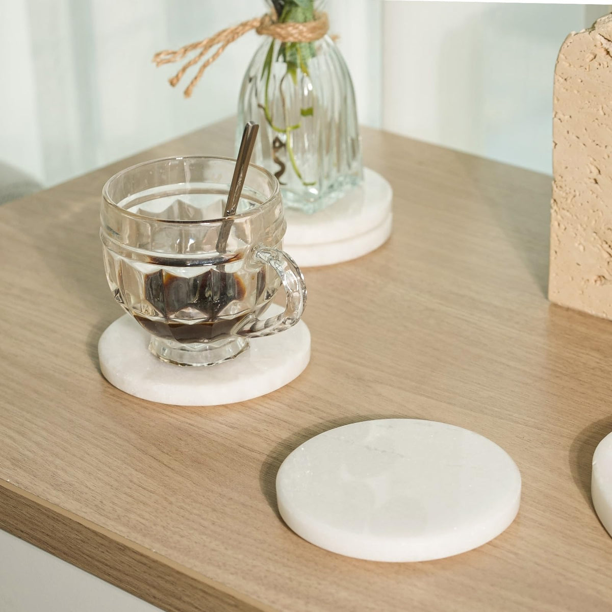 Koville Marble Coaster Set of 4, Round White Coasters, 4" Cup Coasters for Drinks, Heat Resistant Coaster for Coffee Table Home Office Bar Decor(Namib Fantasy)