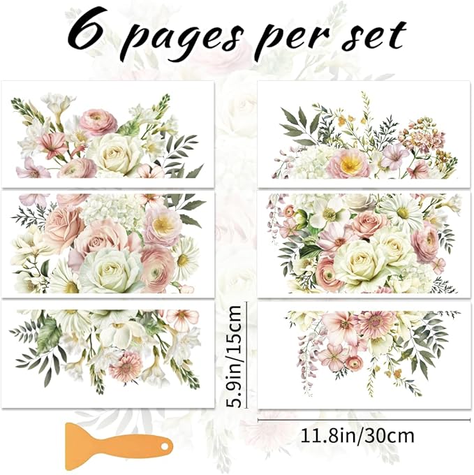 6 Sheets Vintage Flower Rub on Transfer Life in Full Bloom Furniture Transfers